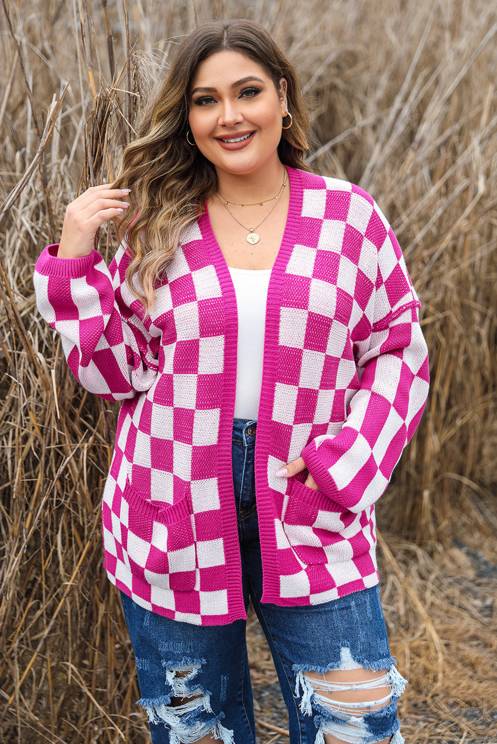 Bonbon Checkered Pattern Open Front Plus Size Cardigan - Eloy Royal