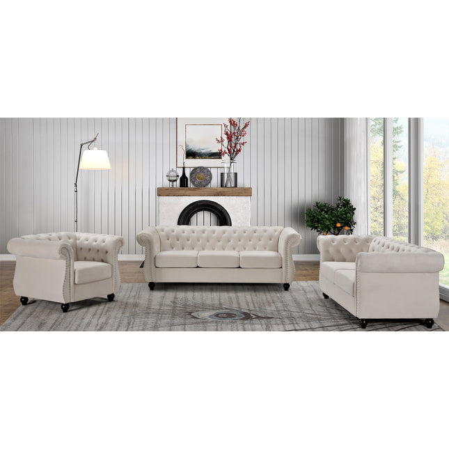 Chesterfield 3-Piece Crushed Velvet Living Room Set, 3-Seater Sofa & 2-Seater Loveseat & Single  Chair, Button Tufted Design with Rolled Arms, Wood Tapered Feet, High Density Foam