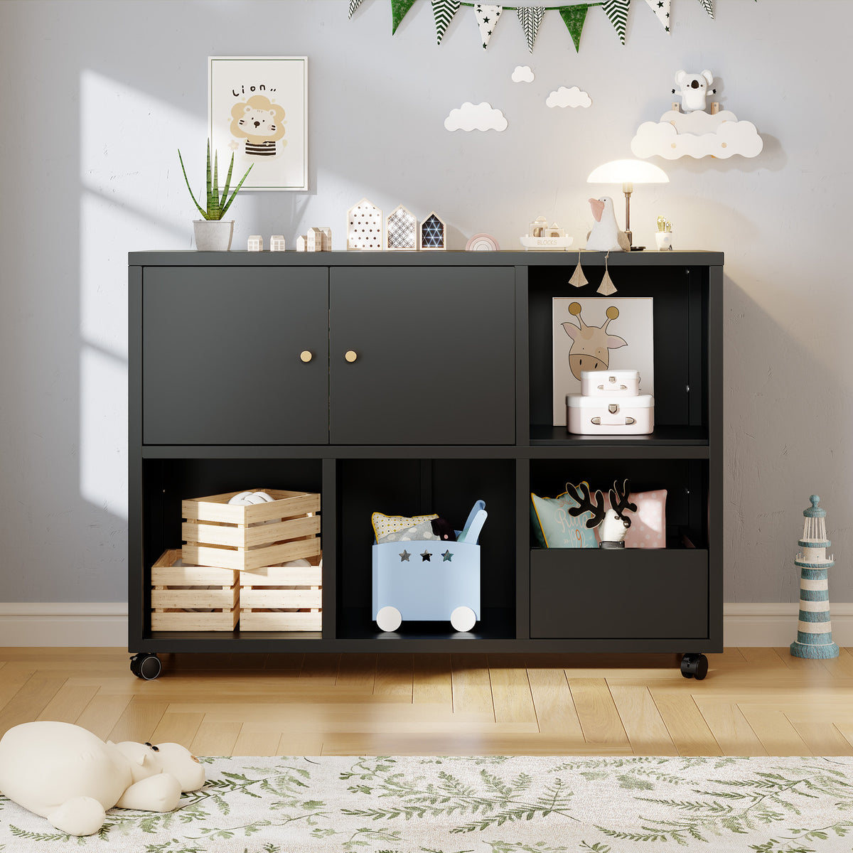 Rolling Toy Storage Cabinet on Wheels - Black Iron Playroom Organizer with Open Cubbies and Closed Cabinets, Sturdy Metal Storage Furniture for Bedroom & Home