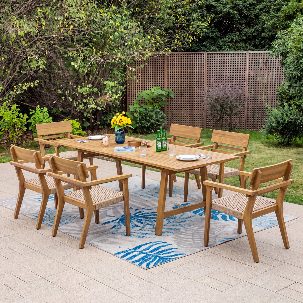 7-Piece Extendable Acacia Wood Outdoor Dining Set with Wicker Chairs, Rectangular Patio Table with Hidden Leaf, Weather-Resistant Wooden Furniture Set for Backyard, Garden & Deck, Teak Finish
