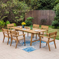7-Piece Extendable Acacia Wood Outdoor Dining Set with Wicker Chairs, Rectangular Patio Table with Hidden Leaf, Weather-Resistant Wooden Furniture Set for Backyard, Garden & Deck, Teak Finish