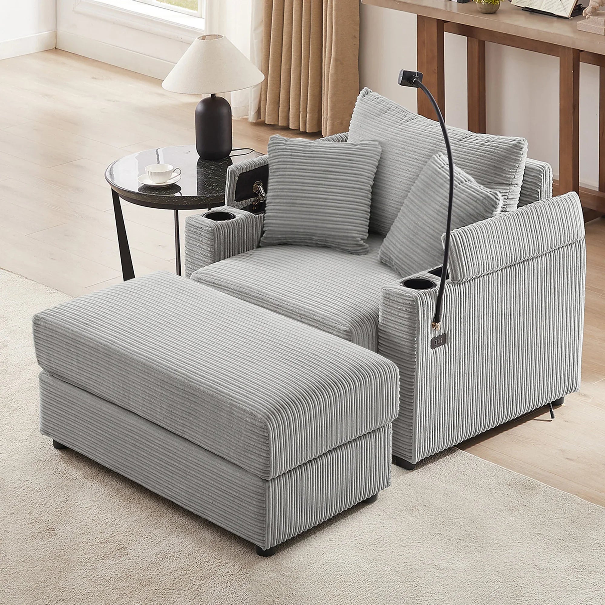 Modern Style Single Sofa Couch with Storage, USB Ports, Cup Holders, and Phone Holder, Grey Corduroy, 41.7' - Eloy Royal