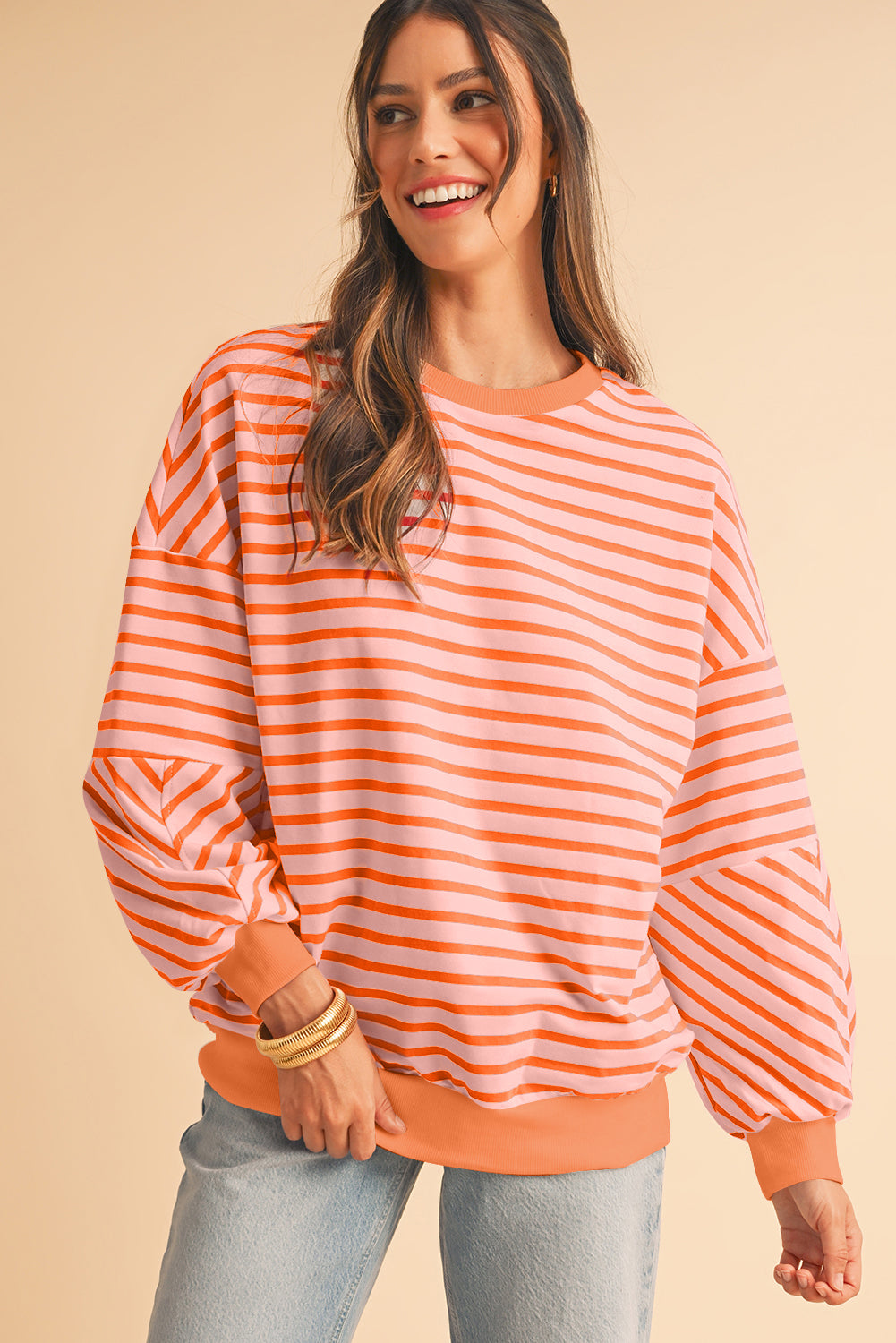 Blue Stripe Drop Shoulder Crew Neck Loose Sweatshirt