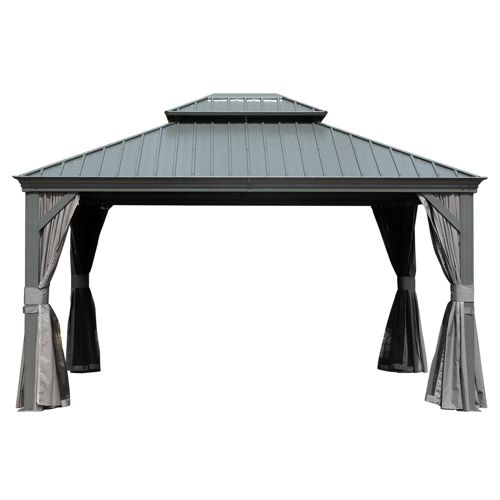 10' X 14' Hardtop Gazebo Permanent Outdoor Gazebo with Galvanized Steel Double Roof, Aluminum Frame, Curtains and Netting for Patio Lawn and Garden, Gray