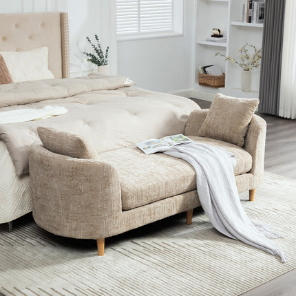 77.17' Wide Modern Upholstered End of Bed Bench with Armrests, Chenille Chaise Lounge Couch with 2 Bolster Pillows, Daybed with Rubberwood Legs For Living Room,Bedroom,Apartment,Guestroom,WHEAT