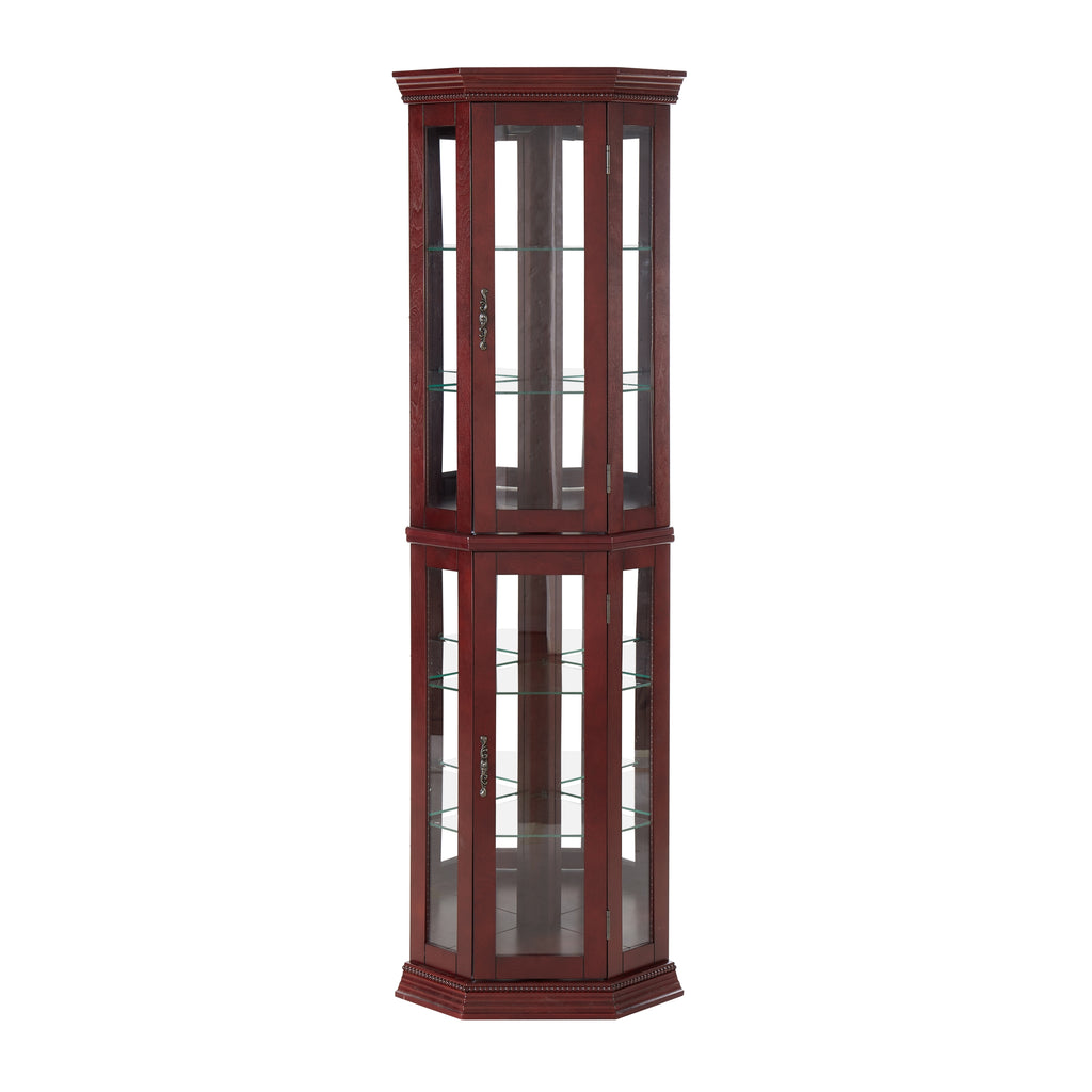 Corner Curio Cabinet with Lights, Adjustable Tempered Glass Shelves, Mirrored Back, Display Cabinet, Cherry