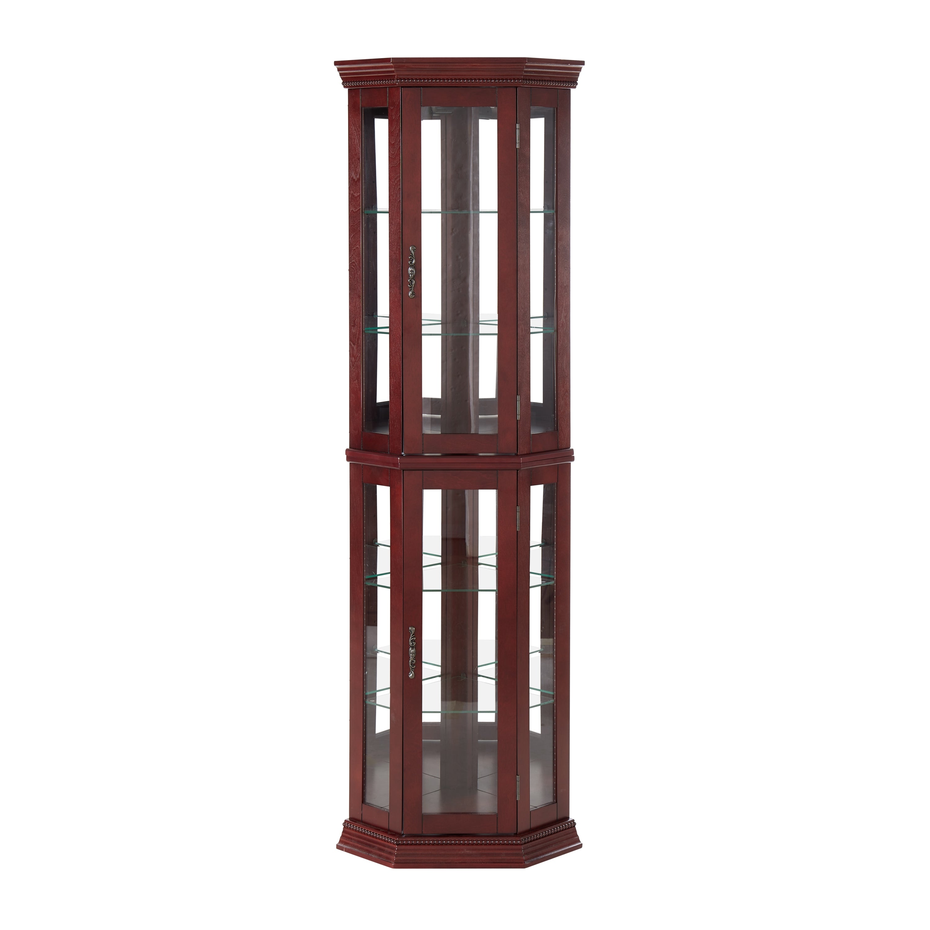 Corner Curio Cabinet with Lights, Adjustable Tempered Glass Shelves, Mirrored Back, Display Cabinet, Cherry