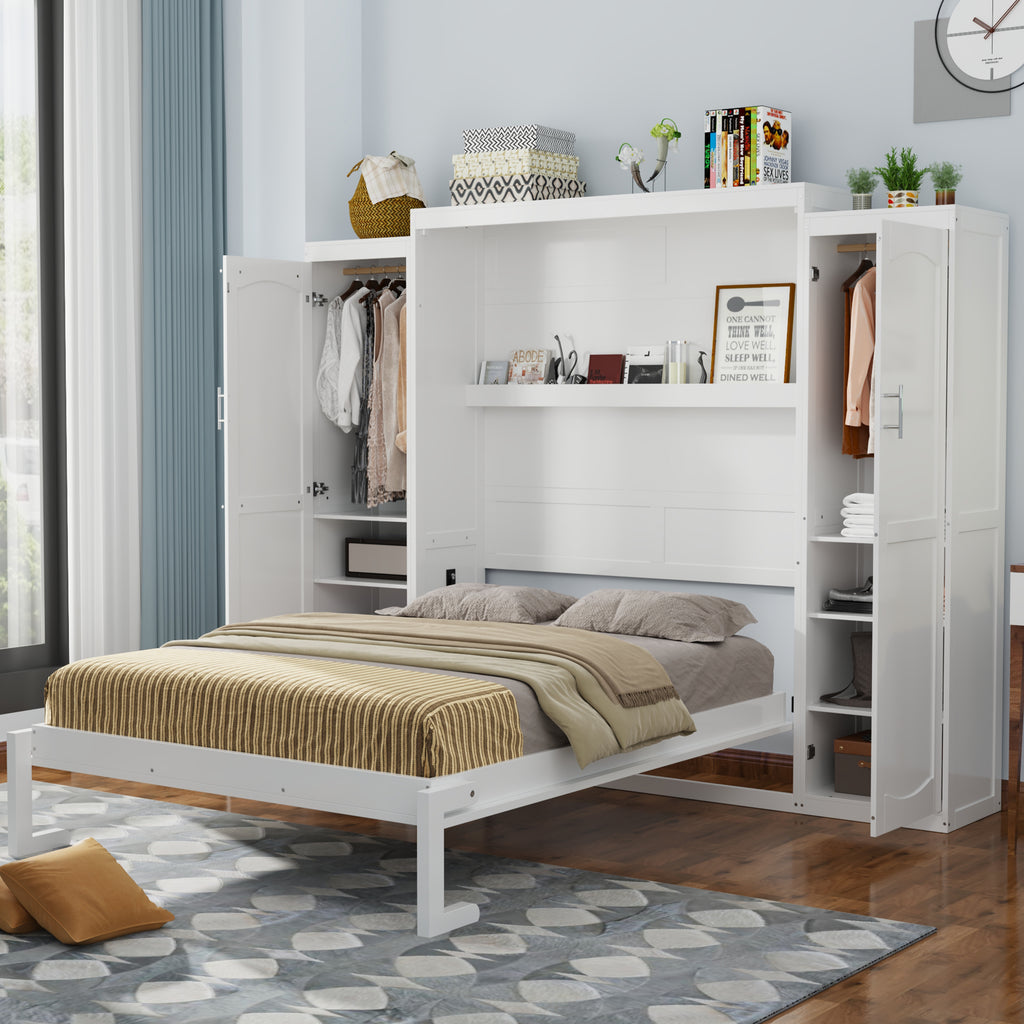 Queen Size Murphy Bed with 2 Wardrobe and Storage Shelf, Multifunctional Foldable Platform Bedframe for Guest-Room, Bedroom, White (Old SKU:N733S235627K)