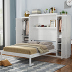 Queen Size Murphy Bed with 2 Wardrobe and Storage Shelf, Multifunctional Foldable Platform Bedframe for Guest-Room, Bedroom, White (Old SKU:N733S235627K)