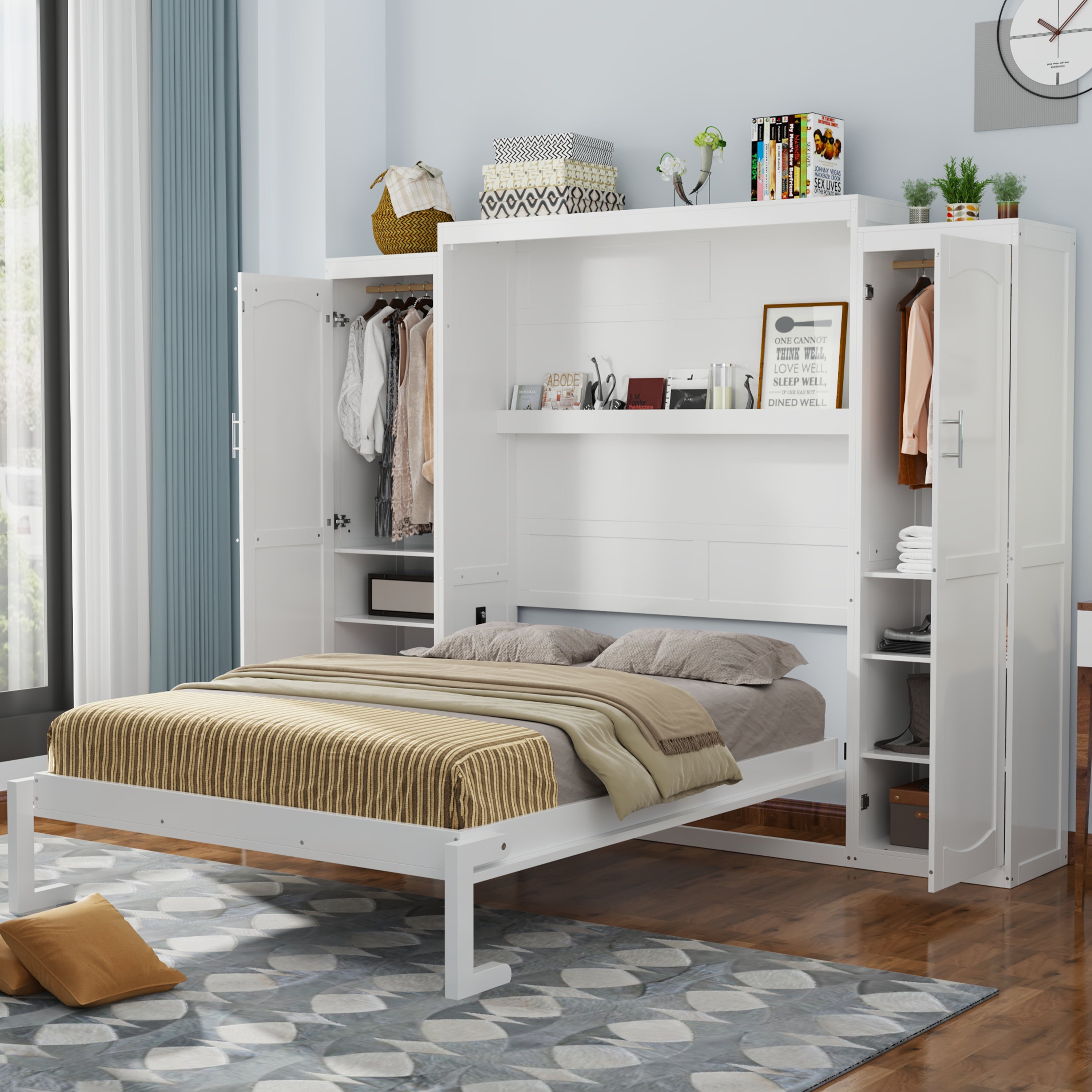 Queen Size Murphy Bed with 2 Wardrobe and Storage Shelf, Multifunctional Foldable Platform Bedframe for Guest-Room, Bedroom, White (Old SKU:N733S235627K)