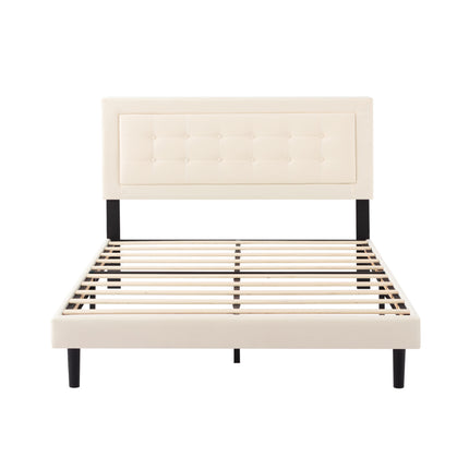 Queen Size Fabric Upholstered Platform Bed, Solid Wood Slat Support, Easy Assembly, Beige
