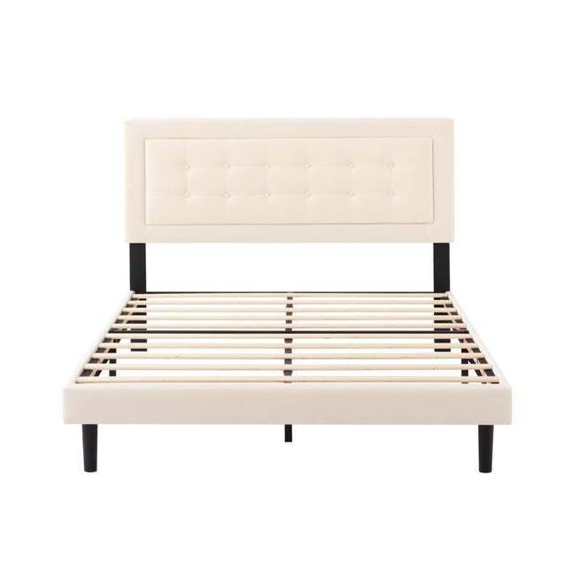Queen Size Fabric Upholstered Platform Bed, Solid Wood Slat Support, Easy Assembly, Beige