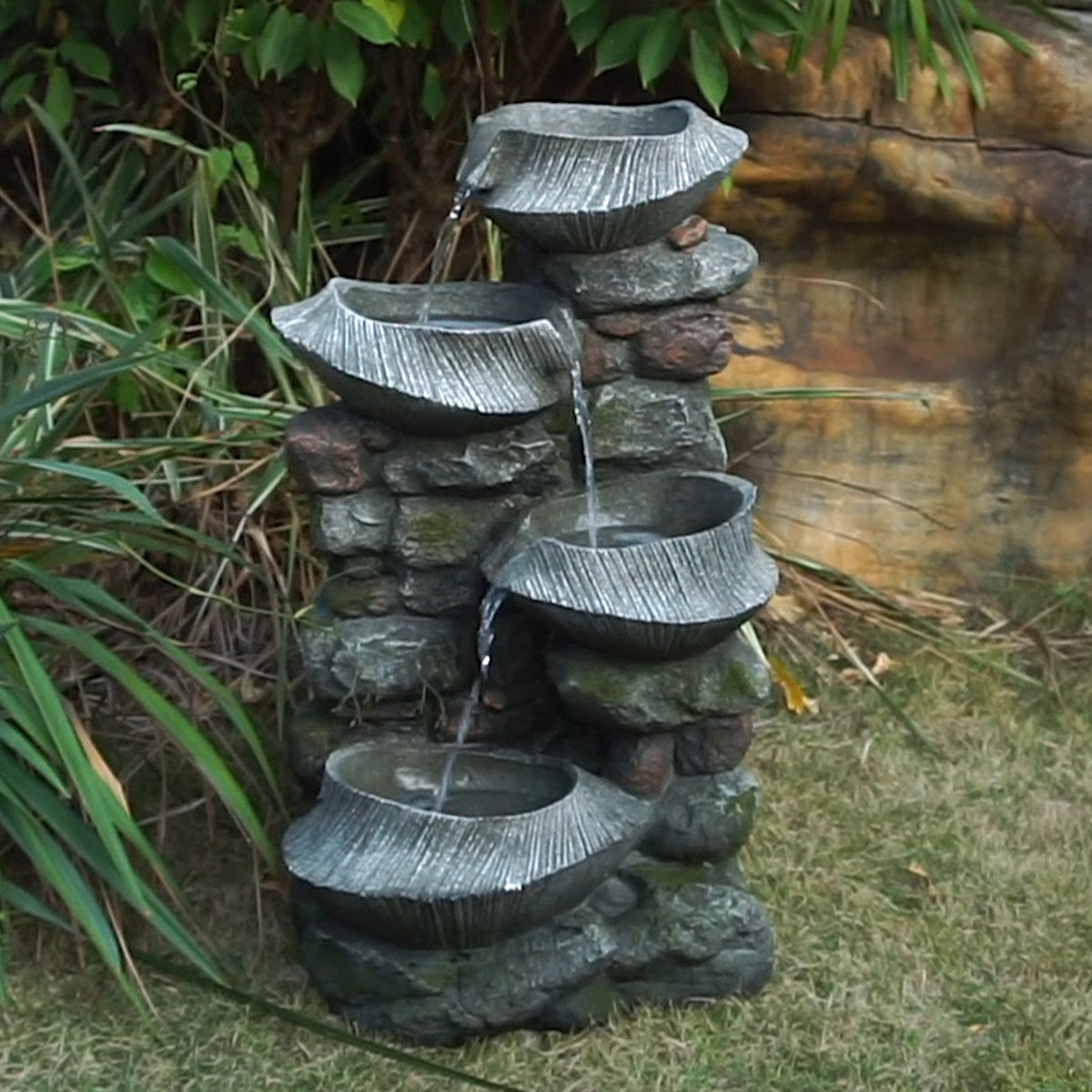 19x15x31.5' Indoor Outdoor Stone Water Fountain,  4-Tier Polyresin Cascading Rock Bowl Freestanding Fountain with LED Ligh