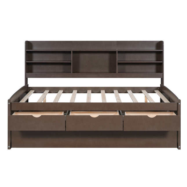 Antique Brown Full Size Wooden Captain Bed with Built-in Bookshelves, 3 Storage Drawers, and Trundle - Solid Pine Wood + MDF