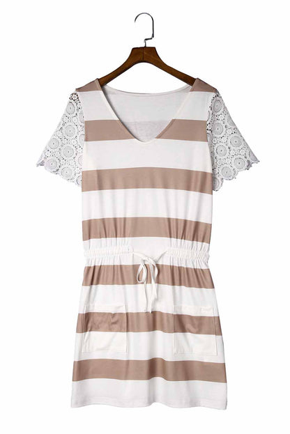 White Lace Crochet Short Sleeve Drawstring Striped Dress - Eloy Royal