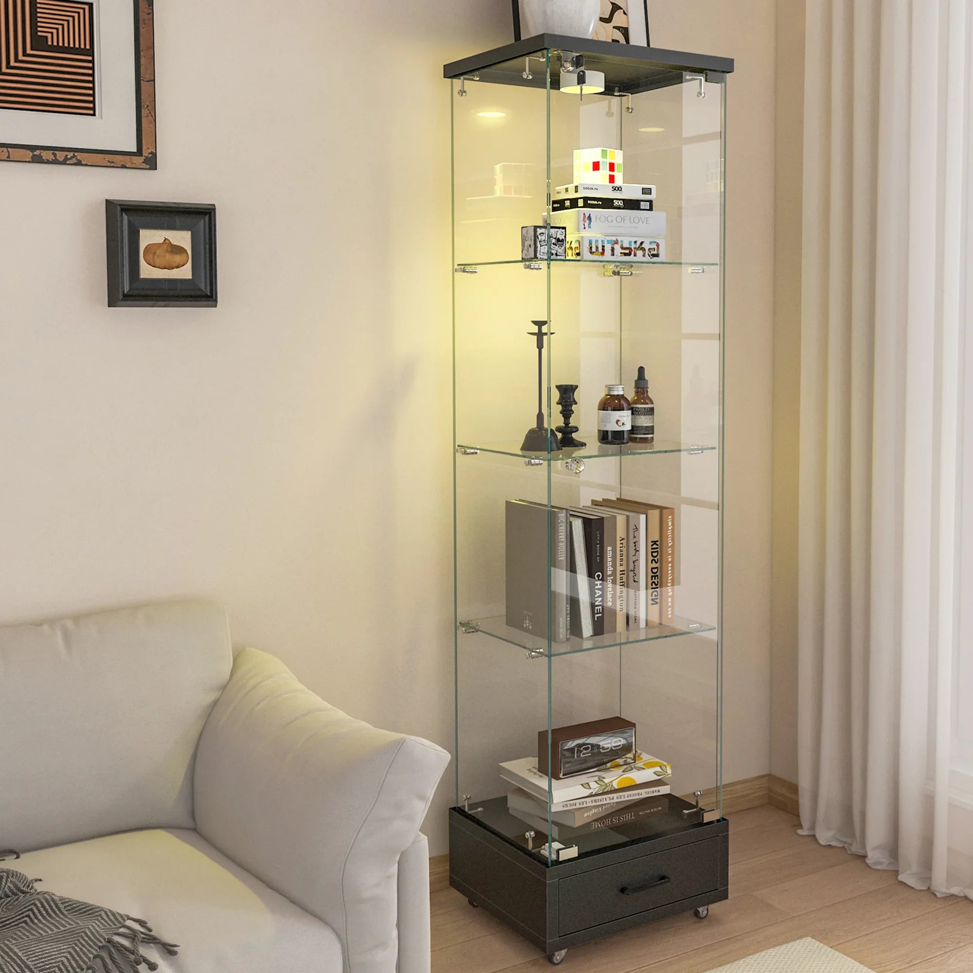 Modern Glass Display Cabinet with Drawer , Quick-assembly Antique Cabinet with LED lights, Tempered Glass Bookshelf, 1-Door Storage Case with 4 Shelves for Living Room and Bedroom, black - Eloy Royal