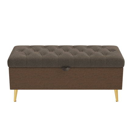 Modern Tufted Storage Ottoman Bench in Coffee Bouclé Fabric with Gold Metal Legs, 44.7'L x 17.9'W x 19.3'H