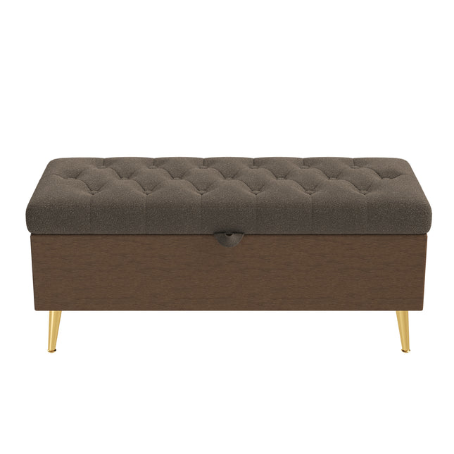 Modern Tufted Storage Ottoman Bench in Coffee Bouclé Fabric with Gold Metal Legs, 44.7'L x 17.9'W x 19.3'H