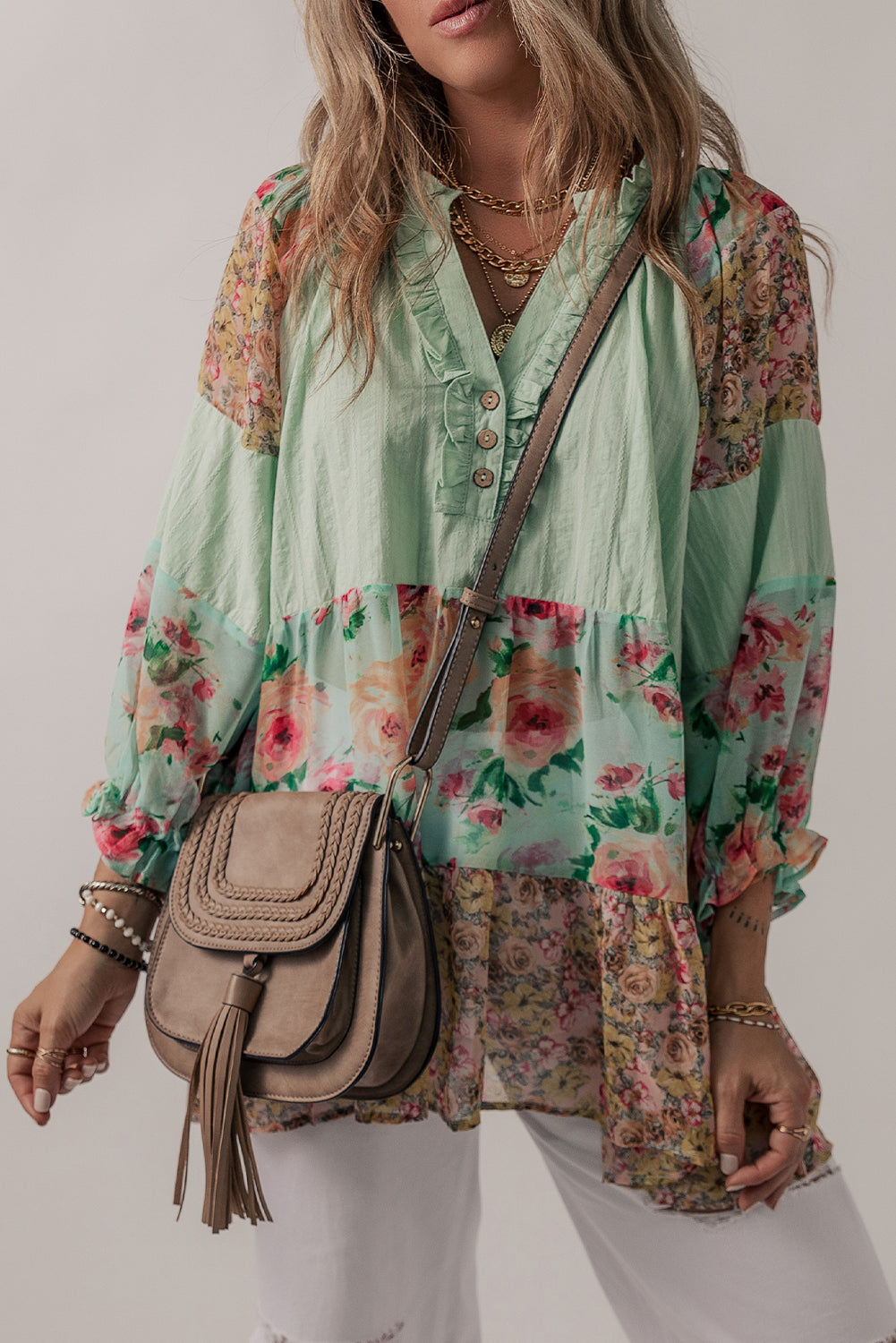 Green Floral Patchwork Frilled Split Neck Blouse - Eloy Royal