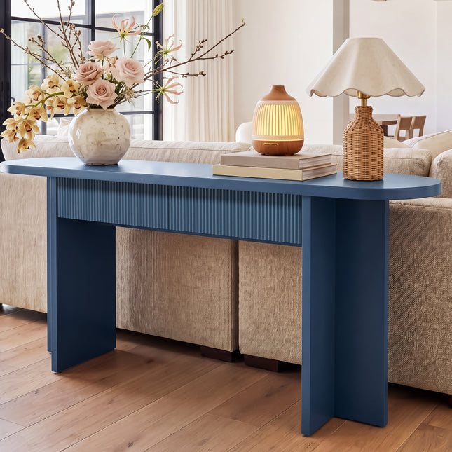 OMCHOM 63 Inch Console Table with 2 Drawers, Fluted Entryway Tables with Storage, Heavy Duty Sofa Table Behind The Couch, Mid Century Hallway Tables for Entryway, Hallway, Living Room