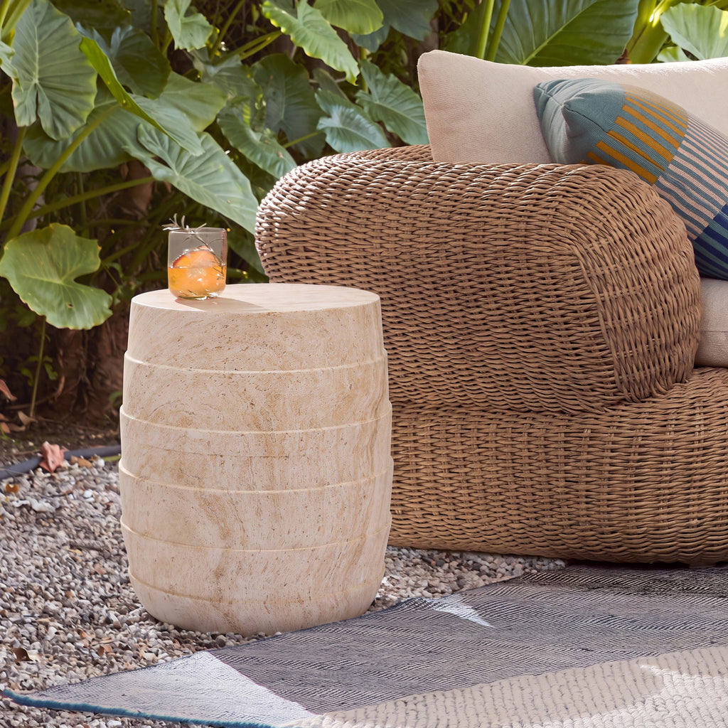 Modern Cylindrical Travertine-Look MGO Outdoor Side Table, All-Weather Accent Table with Ribbed Texture for Patio, Balcony & Living Room