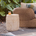 Modern Cylindrical Travertine-Look MGO Outdoor Side Table, All-Weather Accent Table with Ribbed Texture for Patio, Balcony & Living Room