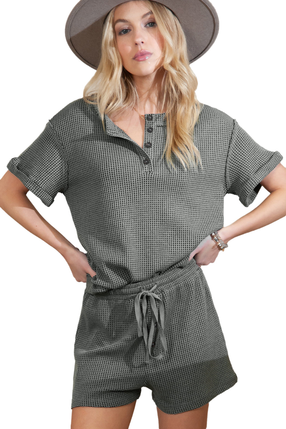 Laurel Green Waffle Knit Henley Top and Drawstring Shorts Set - Eloy Royal