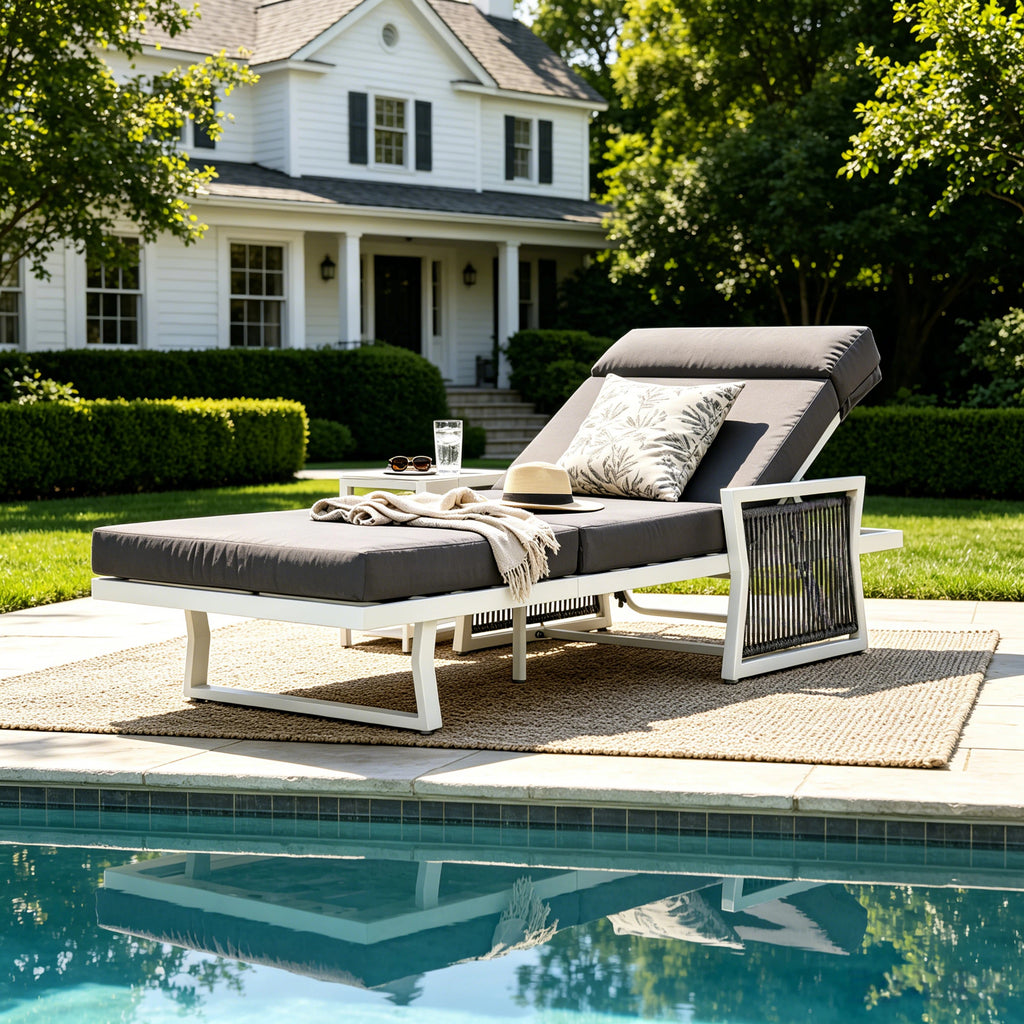 White Iron Outdoor Chaise Lounge with Black Rope Armrests, 4' Thick 4-Fold Dark Grey Water Resistant Cushion with Built-In Headrest, 5-Position Adjustable, 400 LBS Capacity for Patio Pool Backyard