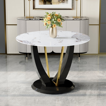 42 Inch Diameter Round Tempered Glass Dining Table - Modern Design, V-Shaped MDF Legs. Imitation Marble Texture Sticker,MDF Painting. W1151P209583