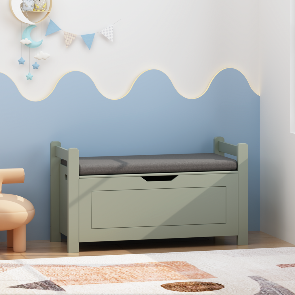Kids Toy Box Chest for Boys Girls, Large Storage Cabinet with Cushion Seat Bench/ Flip-Top Lid/ Safety Hinge, Toy Storage Organizer Trunk for Nursery, Playroom (Sage)