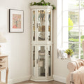 Lighted Corner Curio Cabinet - Glass Display Shelf with Tempered Glass Doors, Adjustable Shelving, and Included Bead Bulb - Ideal Bar Cabinet for Home Decor- WHITE