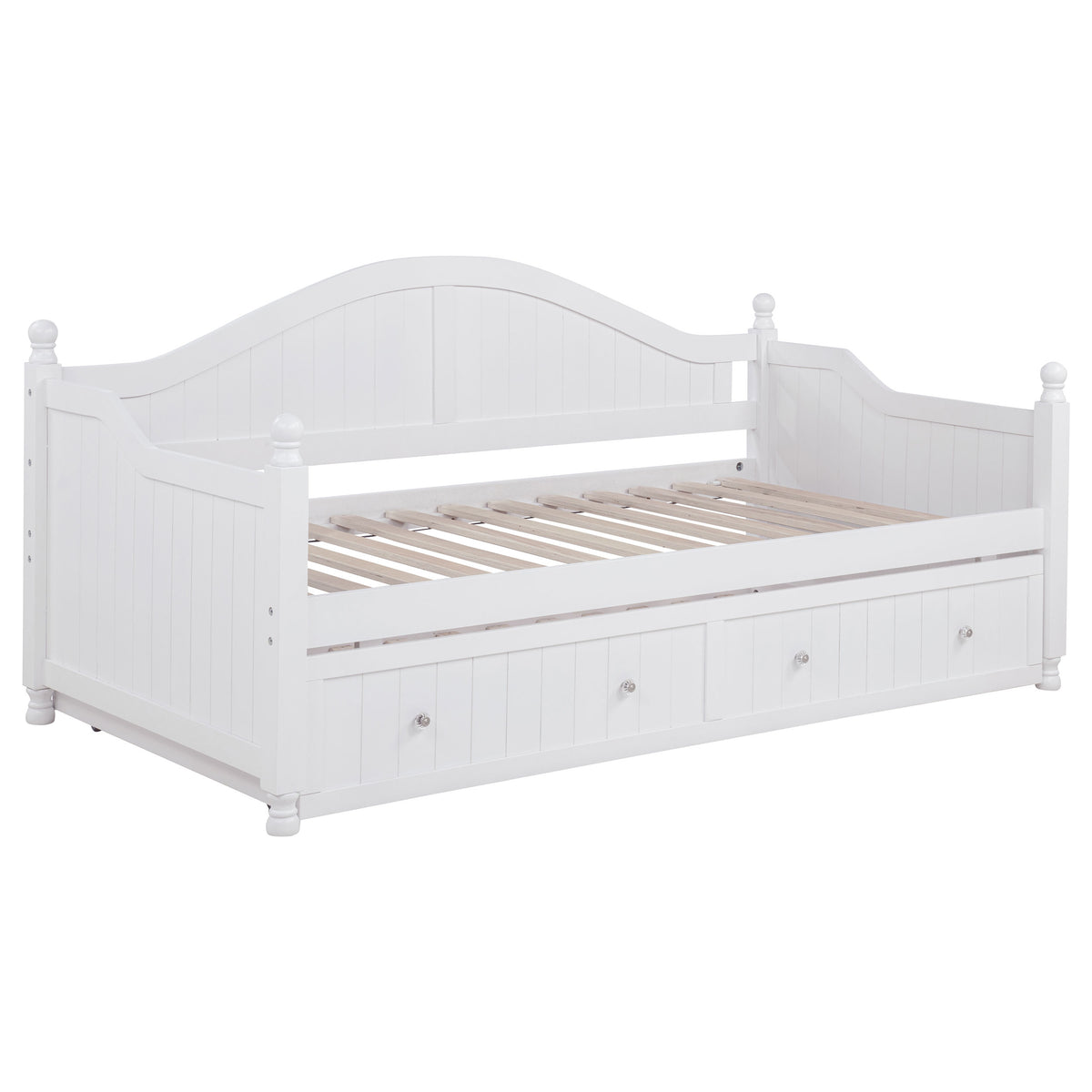 White Twin Daybed with Trundle: Modern Storage Bed in White Finish, Pine Wood and MDF Construction, 81.5 x 43 x 39 inches