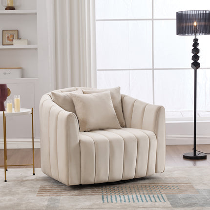 39'W Upholstered Oversized 360° Swivel Accent Barrel Chair and Half Cozy Sofa with 3 Pillows, Channel Tufted Pumpkin-Shape Club Armchair for Living Room, Bedroom, Office, Lounge, Velvet Beige