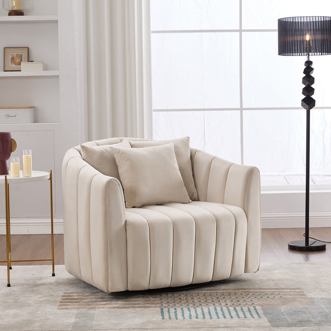 39'W Upholstered Oversized 360° Swivel Accent Barrel Chair and Half Cozy Sofa with 3 Pillows, Channel Tufted Pumpkin-Shape Club Armchair for Living Room, Bedroom, Office, Lounge, Velvet Beige