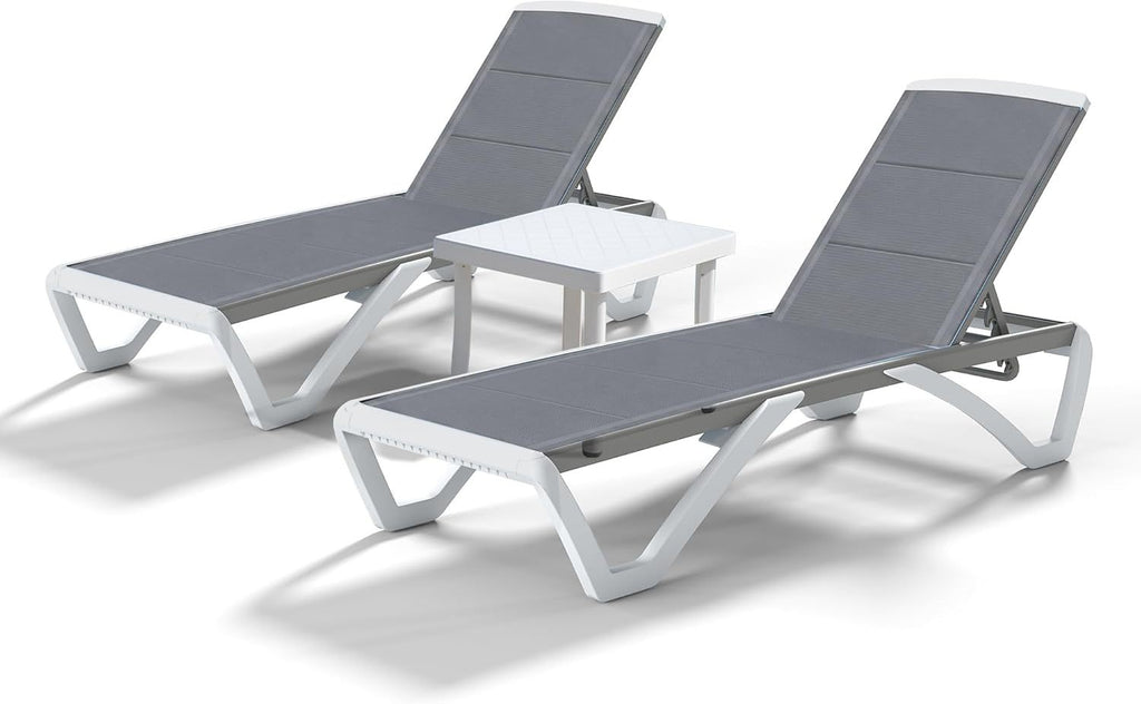 Patio Lounger Chair Outdoor, Pool Lounge Chairs Set of 2 with Table  Grey, Double-Layer Fabric