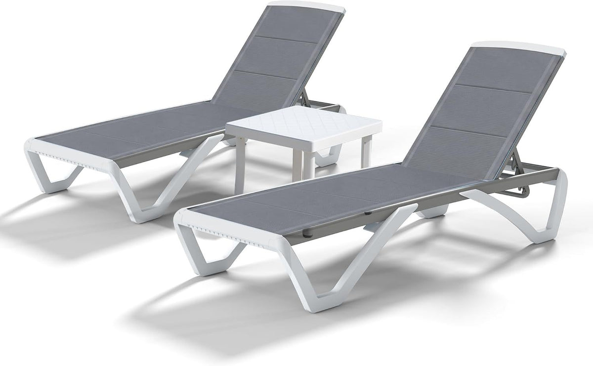 Patio Lounger Chair Outdoor, Pool Lounge Chairs Set of 2 with Table  Grey, Double-Layer Fabric