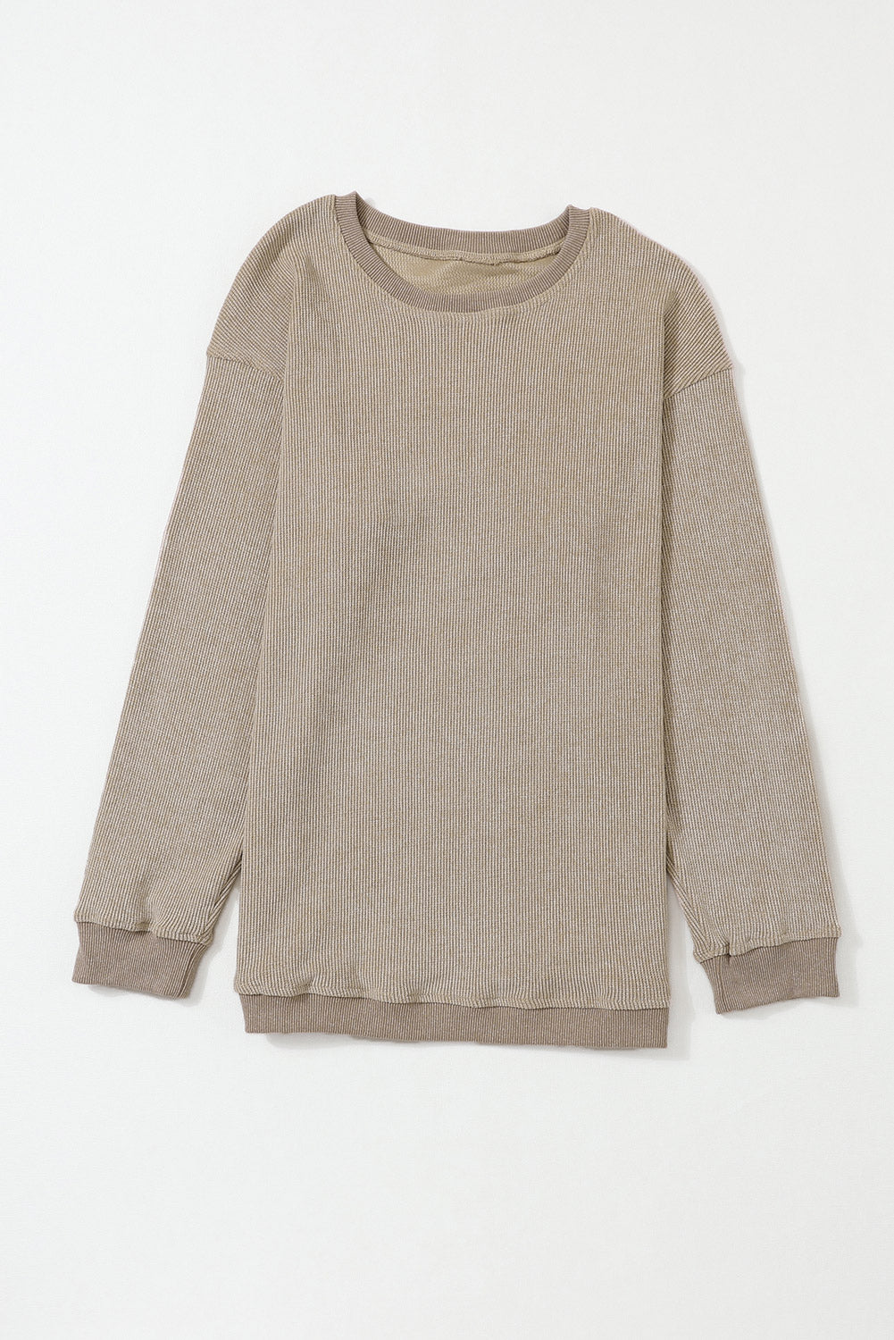 Khaki Solid Ribbed Round Neck Pullover Sweatshirt - Eloy Royal