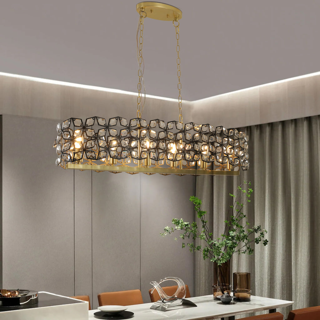 39' Contemporary Crystal and BlackGold Pendant Chandelier – Geometric Modern Light Fixture for Dining Room, Kitchen, or Living Room (Bulb Not Included)