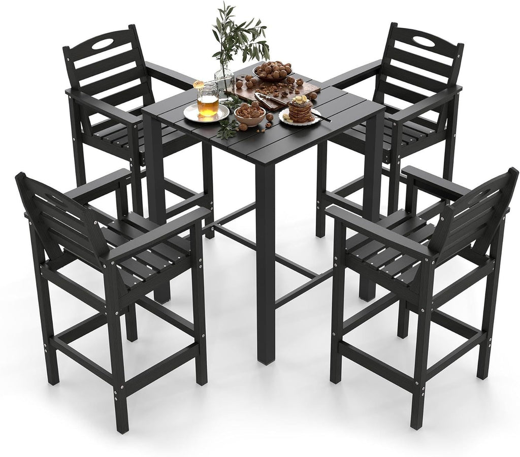 HDPE Adirondack Patio Table and Chairs Set of 5, Outdoor HDPE Patio Bar Set, All Weather Bar Chairs and Table Set for Patio, Garden, Backyard, Poolside, Black