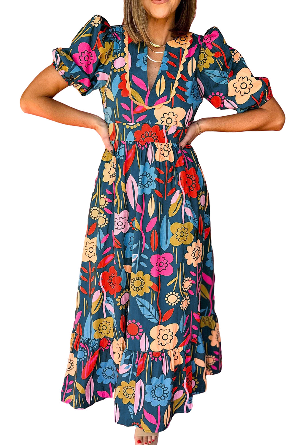 Green Floral Print Split V Neck Puff Sleeve Maxi Dress - Eloy Royal