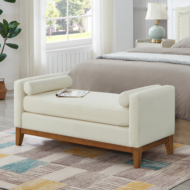 Large Upholstered Boucle Fabric Ottoman with Pillows,Comfort Padded Window Bench for Living Room,Entryway Bench-Beige