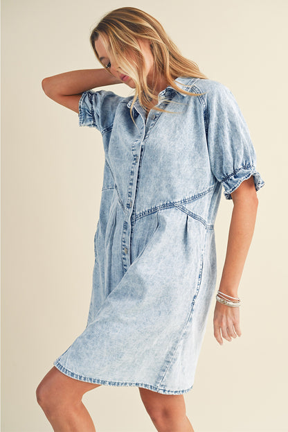 Blue Mineral Washed Ruffled Short Sleeve Pocketed Denim Dress - Eloy Royal