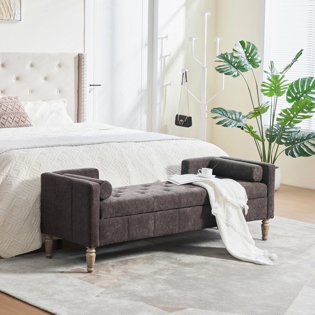 64.6'W Upholstered Chenille Flip-top Storage End of Bed Bench, Tufted Accent Footrest with Armrests&Backrest&2 Bolsters Whitewashed Rubberwood Legs for Living Room, Hallway, Entryway Bedroom, Coffee
