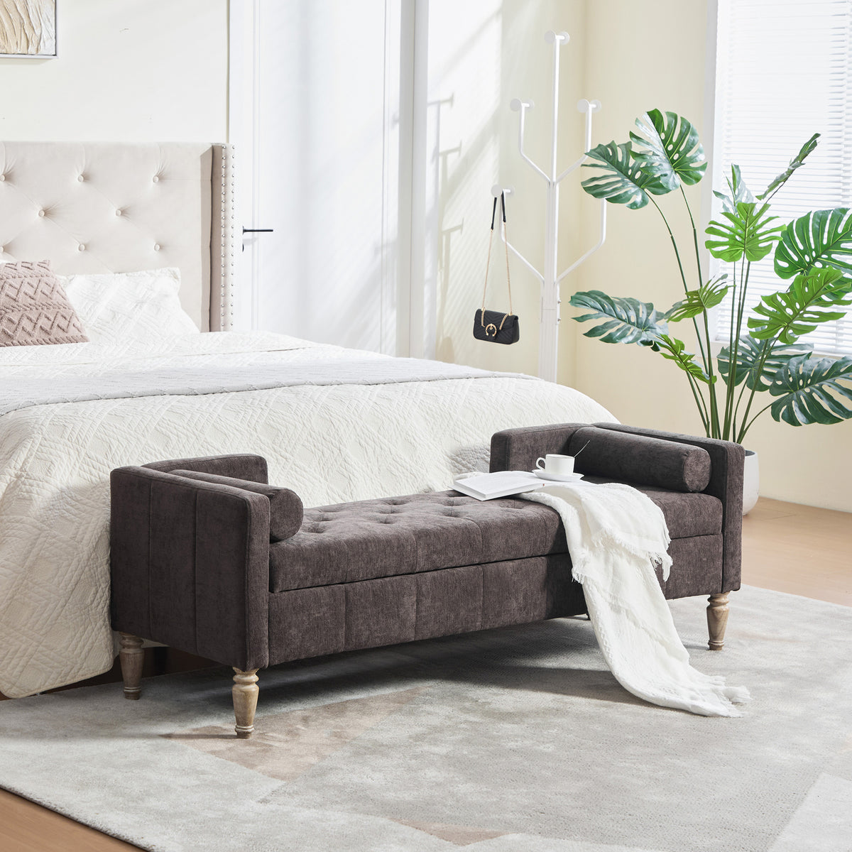 64.6'W Upholstered Chenille Flip-top Storage End of Bed Bench, Tufted Accent Footrest with Armrests&Backrest&2 Bolsters Whitewashed Rubberwood Legs for Living Room, Hallway, Entryway Bedroom, Coffee