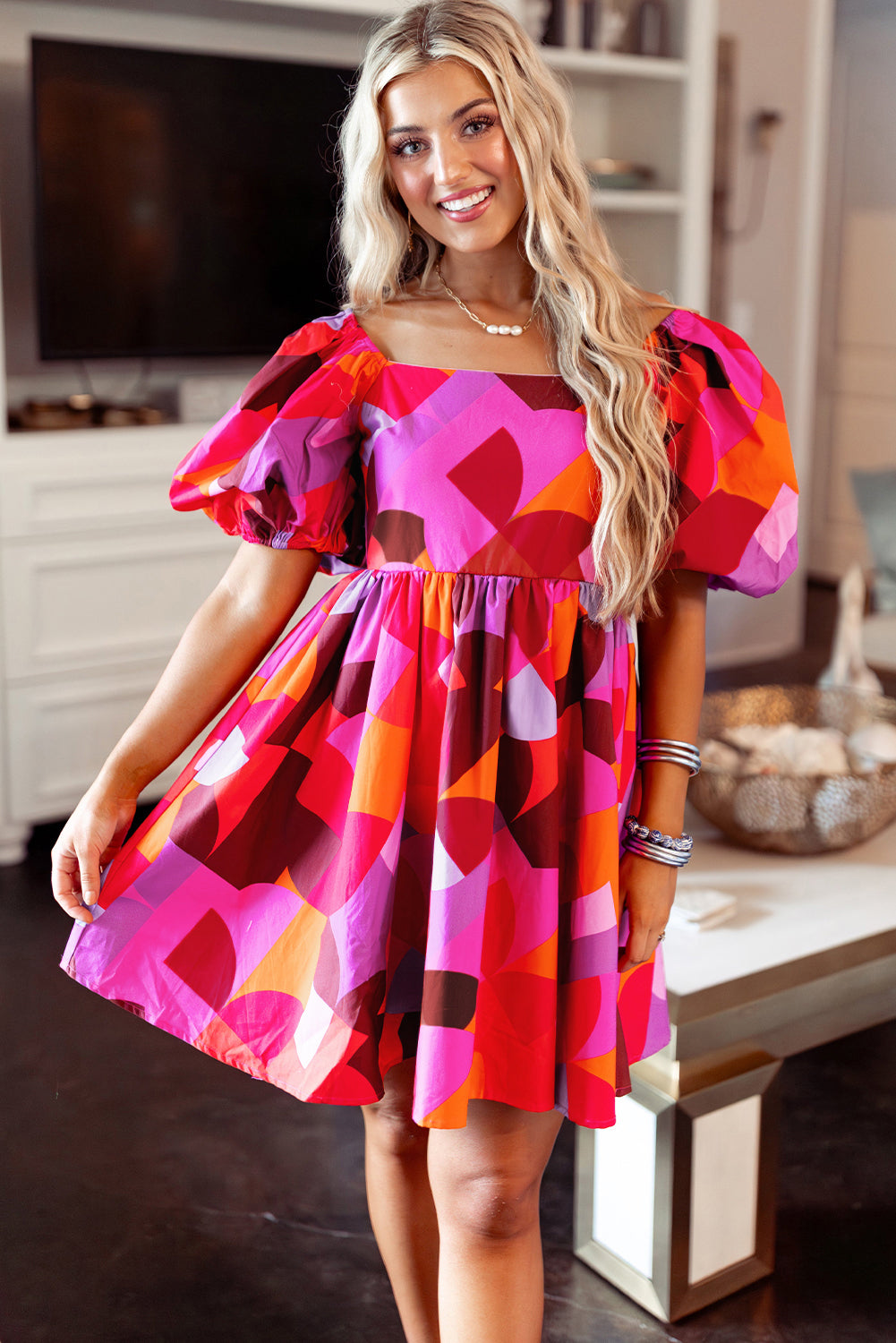 Red Abstract Print Square Neck Puff Sleeve Dress - Eloy Royal