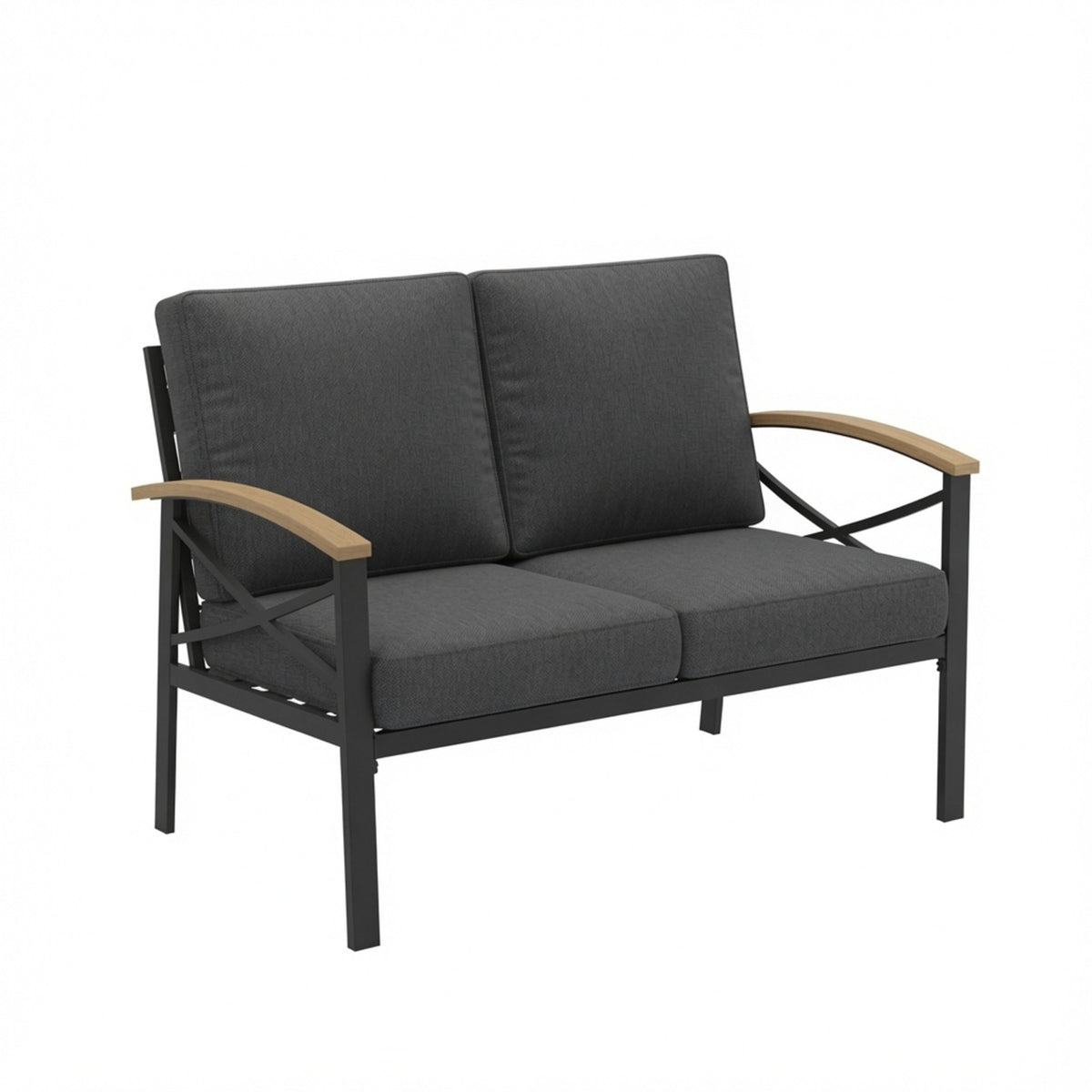 Heavy-Duty Outdoor Loveseat with Washable Gray Cushions and Black Powder-Coated Iron Frame, 47.2' Size