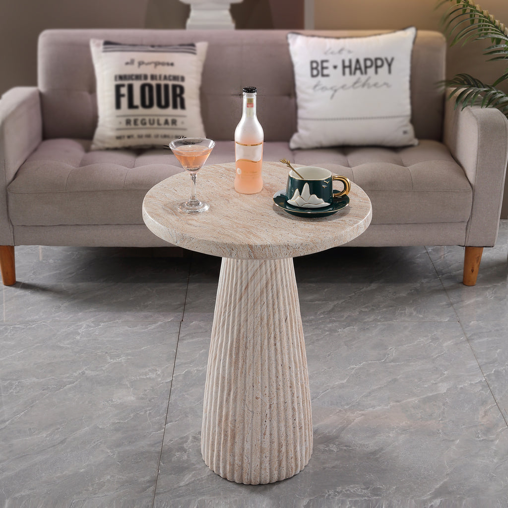 Fluted Pedestal Round Coffee Table, MgO Faux Travertine Accent Coffee Table, Indoor & Outdoor Decorative Table for Living Room Backyard Patio, Top Dia 17.91' x H 24.02'