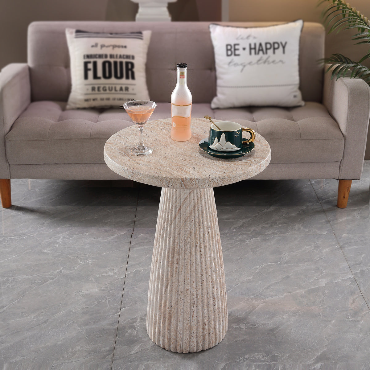 Fluted Pedestal Round Coffee Table, MgO Faux Travertine Accent Coffee Table, Indoor & Outdoor Decorative Table for Living Room Backyard Patio, Top Dia 17.91' x H 24.02'