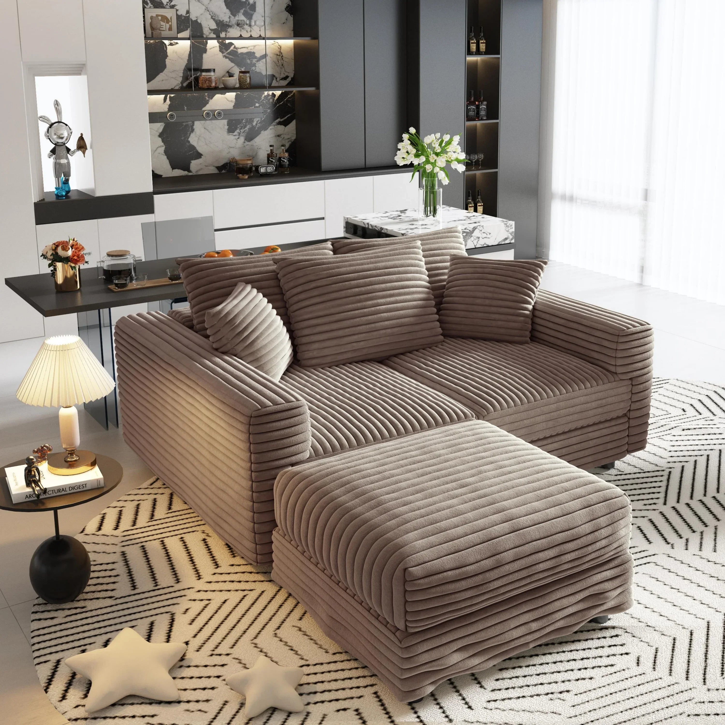 82.7 'Plush Corduroy 3-Seat Sofa,Modern Comfy Upholstered Sofa Cloud Couch,Deep Seat Couches with Soft Pillows and 1 Ottomans,Convertible Sofa Lounge Chair,Camel - Eloy Royal