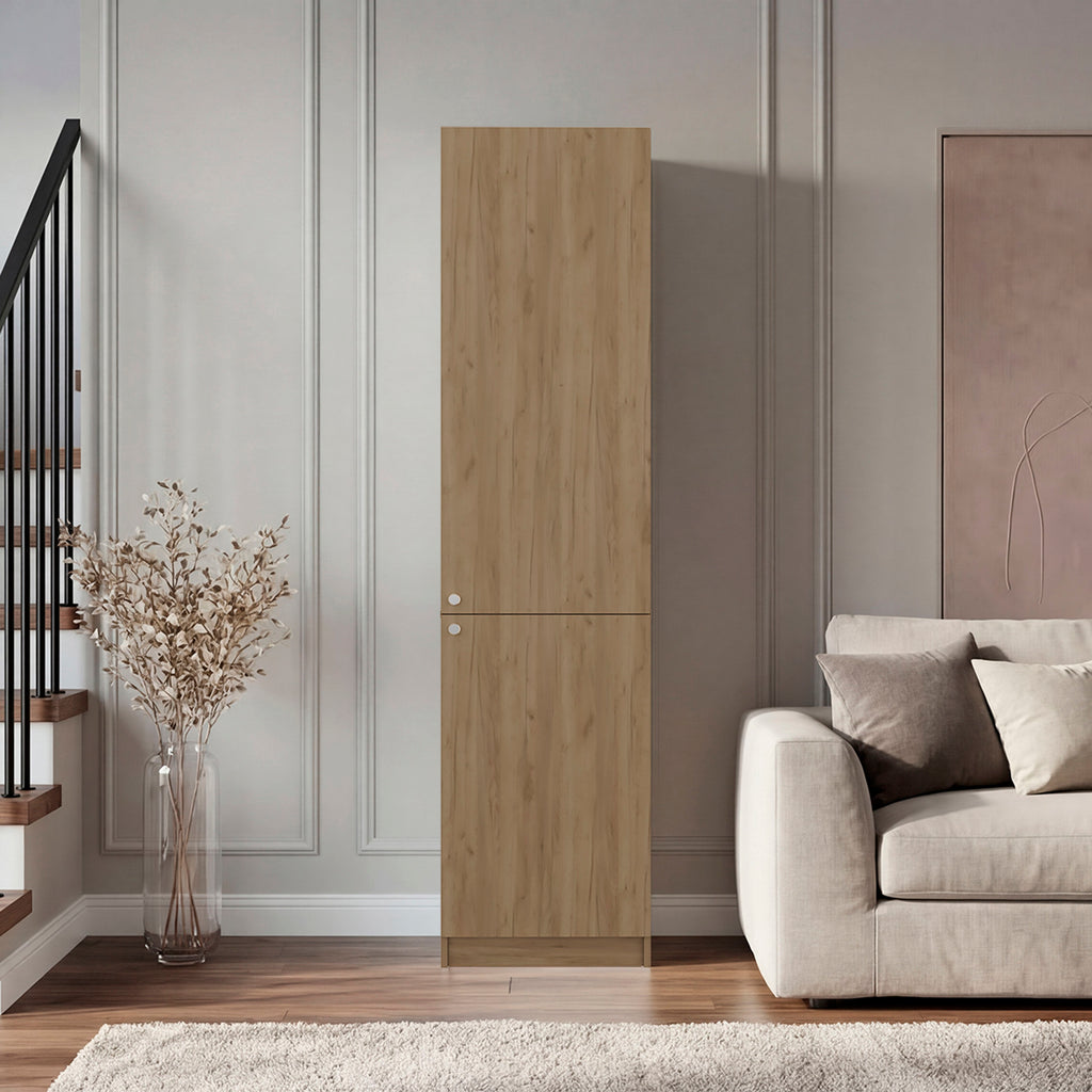 Tall Bookcase 71' H with 2 Doors, Five Interior Shelves, Natural Oak/White